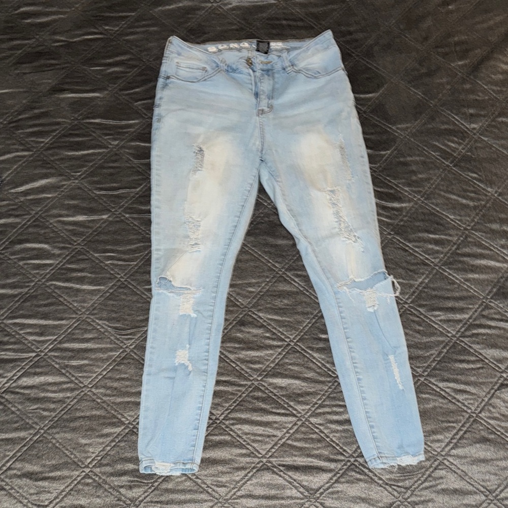 Sky Blue Ripped Skinny Jeans for Women